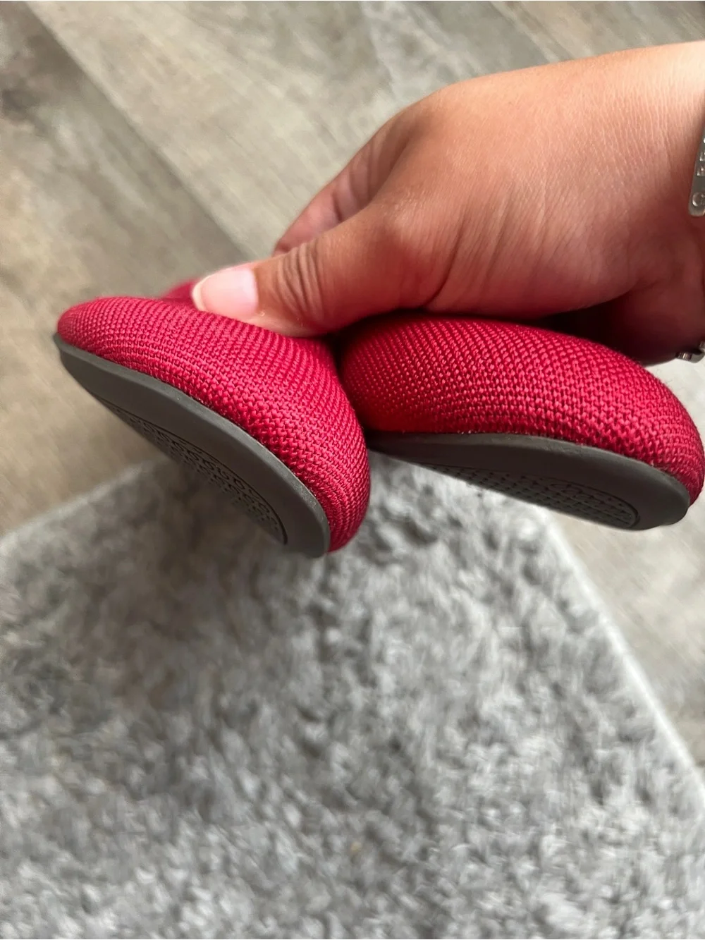 Rothy's Red Knit Pointed Ballet Flats with Blue Trim